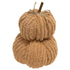 Dusty Orange Fabric Chenille Pumpkin Stack with Jute Bow and Stick Stem