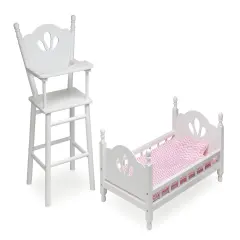 Badger Basket English Country Doll High Chair and Bed Set with Chevron Bedding and Free Personalization Kit - White/Pink