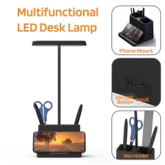 Black LED Desk Lamp for Home Office Bedroom, Battery Operated Table Light for Computer Desktop, Small, Cute, Dimmable, Rechargeable, Flexible Gooseneck, Pen Holder, Phone Mount, Touch Control