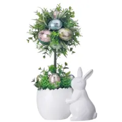 16" Ceramic Bunny Pot with Egg Topiary &ndash; Elegant Easter Decoration