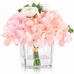 Fake Hydrangea Ranunculus Flowers in Vase, Artificial Flowers with Vase, Faux Silk Flowers in Vase Centerpiece for Home Office Hotel Wedding Party Dining Table Decor & Gift (Pink)