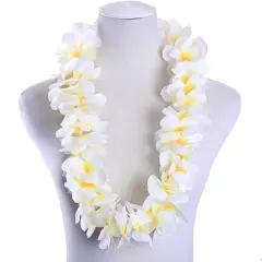 6 Pack Summer White Hawaiian Leis Necklace Tropical Luau Hawaii Wreaths Silk Flower Lei Thickened Dance Garland Flower Leis