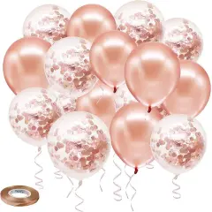 Rose Gold Confetti Latex Balloons, 50 pack 12 inch Birthday Balloons with 33 Feet Rose Gold Ribbon for Party Wedding Bridal Shower Decorations