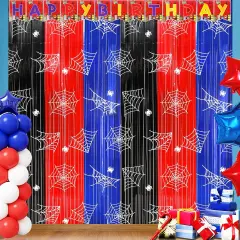 Spider Web Birthday Party Decoration Supplies, 2Pack Metallic Tinsel Foil Fringe Curtains 3.3x6.6ft, Red Blue Black Photo Booth Prop Backdrop Party Streamer, for Spider Birthday Party House Room Decor