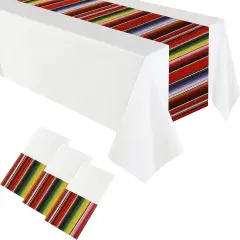4 Pcs Fiesta Tablecloth 108 x 54 Inch Plastic Tablecover Waterproof Mexican Tablecloth Mexican Striped Table Cover for Taco Night Festive Fiesta Wedding (White)