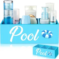 Summer Storage Basket Blue Pool Wooden Box with Three Compartments Toilet Tank Tray for Indoor Outdoor Swimming Pool Decor Sunblock Sunglasses Pool Toy Storage Box