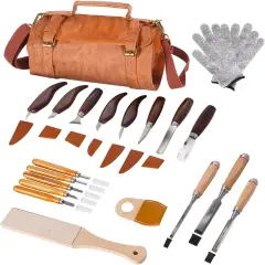 Premium Wood Carving Tools Kit - Ergonomic Walnut Handles, Razor-Sharp High-Carbon Steel Blades, PU Leather Storage Bag, Safety Gloves & Thumb Guard &ndash; For Beginners & Professionals