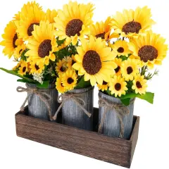 Set of 3 Artificial Sunflowers Metal Pot Centerpiece Farmhouse Sunflowers Floral Arrangements with Rectangle Wooden Planter 11" for Rustic Wedding Spring Summer Home Kitchen Table Shelf D&eacute;cor