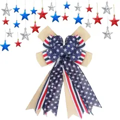 25 Pcs 4th of July Decoration, Including American Flag Wreath Bow and Patriotic Hanging Star Red White Blue Ornaments for Independence Labor Veterans Day Tree Indoor Outdoor