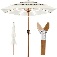 Best Choice Products Woodgrain Pattern 10ft 3-Tier Solar Patio Umbrella w/ 24 LED Lights, Tilt Ivory