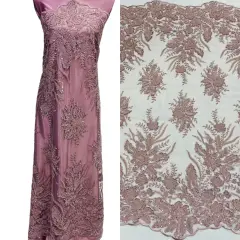 1 Yard Beaded Lace Fabric Embroidered on 100% Polyester Net Mesh, Blush, 48" Width Dusty Rose Color