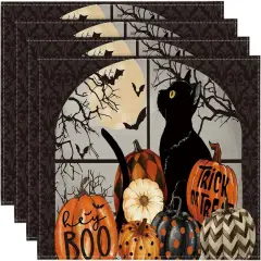 Set of 4 Black Cat and Pumpkins Halloween Placemats - 12x18 Inch (Black/Orange)