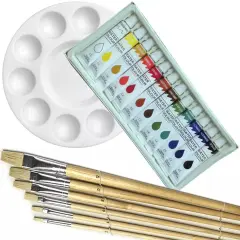 Artist 12 WATERCOLOR COLOR Painting Paint Set + 6 Brush Set w/ ROUND Palette SET