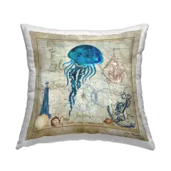 Jellyfish & Maritime Map Design by Jill Meyer Outdoor Printed Pillow 