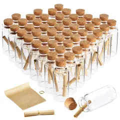 Bright Creations 48 Pack 10ml Create A Message In A Bottle Kit, Bulk Small Glass Cork Bottles with Mini Scrolls for Time Capsules, Wedding Favors Clear