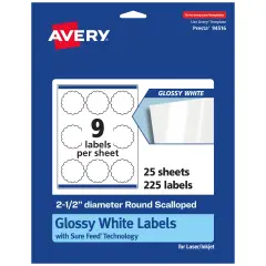 Avery Glossy White Round Scalloped Labels with Sure Feed, 2.5" Diameter