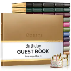 Gallery Leather Birthday Guest Book for Party Celebrations - Hardcover, Bound Leather Sign in Guest Book with 192 Lined Pages for Messages & Photos - 7" x 9" Freeport Gold