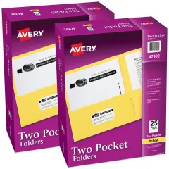 Avery Two Pocket Folders, Holds up to 40 Sheets, Business Card Slot, 25 per Pack, 2 Packs, 50 Yellow Folders Total (01674)