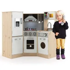 Costway Kids Corner Wooden Kitchen Playset Pretend Cooking Toy w/ Cookware Accessories