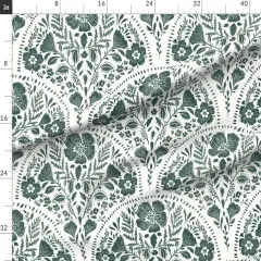 Various Fabrics by the Yard or Fat Quarter Dark Teal Floral Block Print Botanical Cottagecore Linocut Moody Scalloped Flowers Custom Printed Fabric by Spoonflower