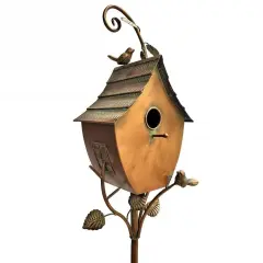 Outdoor Birdhouse with Antique Copper Finish and 3-Prong Garden Stake