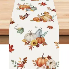 Fall Pumpkins Table Runner 13x72 Inch Watercolor Floral Leaves