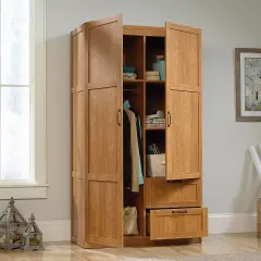 Bedroom Wardrobe Closet Storage Cabinet in Medium Oak with Hanging Rod Shelves and Drawers