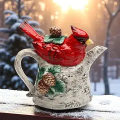 Ceramic Cardinal Bird On Birchtree Teapot, Gift for Her, Gift for Mom, Birdwatcher, Tea Party D&eacute;cor, Caf&eacute; D&eacute;cor, Christmas D&eacute;cor