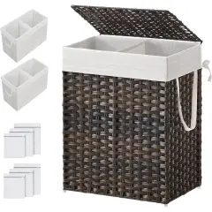 Brown Plastic Rattan Laundry Hamper with Dual Compartments, Liners and Bag