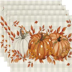 Set of 4 - Buffalo Plaid Polka Dot Pumpkins Leaves Fall Placemats