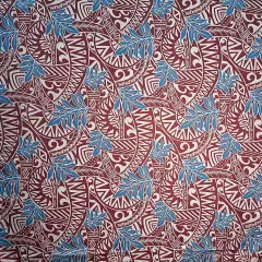 1 Yard Traditional Polynesian Tattoo Philodendron Leaves Chambray Denim Look Fabric For Apparel 60 Inch Maroon Oak & Blue