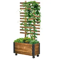 Wheeled Wooden Raised Garden Bed with Trellis for Outdoor Plants