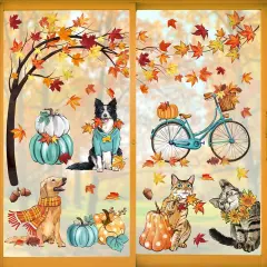 59PCS Fall Window Clings 9 Sheets, Autumn Dogs Cats Maple Leaves