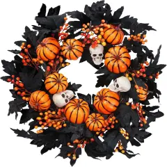 Halloween Wreath with Artificial Pumpkin Handmade Black Maple Leave Skull Pumpkin Orange Berries 20''Front Door Decorations for Indoor Outdoor Home Halloween Festival Decoration
