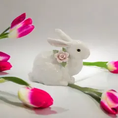 Springtime Bunnies: Easter Bunny Rabbit Crouching with Pink Rose Flower Figurine