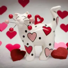 Ceramic Whisker Cat Ornament - Red And Pink Heart, Home D&eacute;cor, Gift for Her, Gift for Mom, Romantic Decor, Cat Lovers Gift, Pet Loss Gift