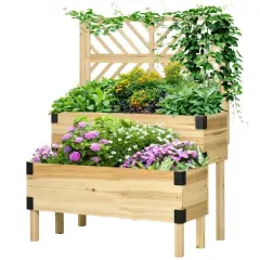 Fir Wood 2-Tier Self Draining Raised Planter Box with Lattice Trellis Natural