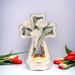 Ceramic Cala Lily Flower with Cross Tealight Candle Holder, Religious D&eacute;cor, Religious Gift, Church D&eacute;cor, Church Gift, Baptism Gift