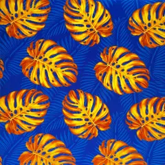 1 Yard Monstera Dypsis Lutescens Leaves Tropical Peachskin Fabric for Sewing Projects 45 Inch Width Orange/Blue