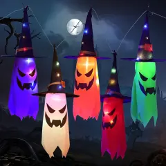 10ft String of 5 Lighted Hanging Ghost with Witch Hats