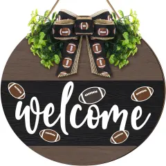 Hello Fall Football Sign for Front Door Thanksgiving Wooden Hanging Sign Fall Welcome Wreaths with Bow Turkey Farmhouse Wall Decoration for Home Autumn Harvest Front Porch Decor(Football)