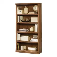 Solid Wood 5 Shelf Bookcase in Medium Brown Oak Finish with Adjustable Shelves and Easy Assembly