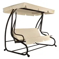 3-Seat Outdoor Canopy Swing with Beige Cushions for Patio Deck