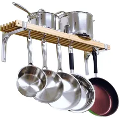 Wooden Wall Mounted Pot Rack with 6 Hooks for Kitchen Storage