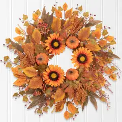 Fall Wreaths for Front Door, 24IN Sunflower Wreath, Artificial Autumn Pumpkin Harvest Floral Wreath, Thanksgiving Home Decor for Porch Farmhouse Outdoor Indoor