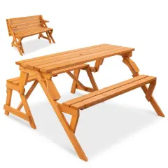 2-in-1 Wooden Picnic Table Bench Outdoor Convertible Furniture with Umbrella Hole for 2-4 People