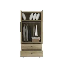 Oak MDF 2 Door Wardrobe with Hanging Rod and Shelves Compact Durable Bedroom Storage Unit