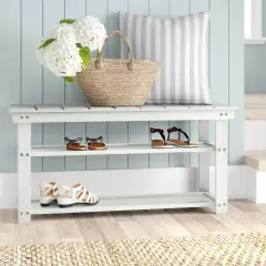 Wooden Shoe Rack Bench with Two Storage Shelves and 2-Seater Design for Entryway or Hallway White