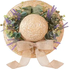 16 Inch Summer Straw Hat Wreath with Bow - Green