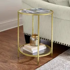 2-Tier Round Gold Metal End Table with Glass Top and Bottom Shelf for Living Room or Bedroom